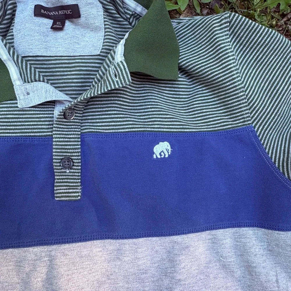 Banana Republic Mens XL Polo Shirt Colorblock Striped Elephant Logo Green Blue